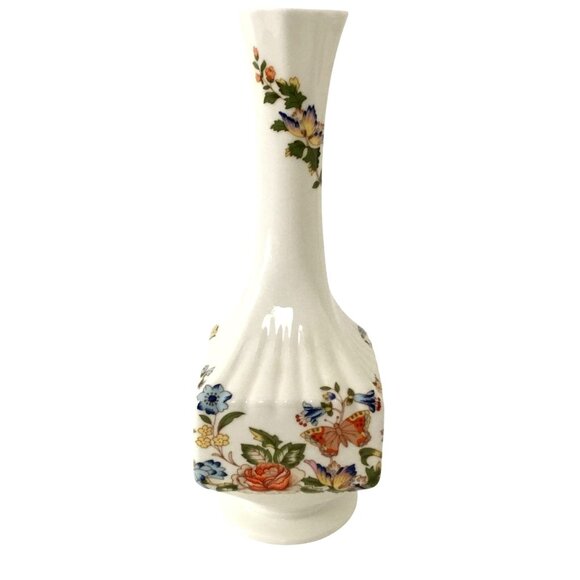 AYNSLEY Cottage Garden Bone China Bud Vase Floral Butterfly 7" England Square - Picture 1 of 9